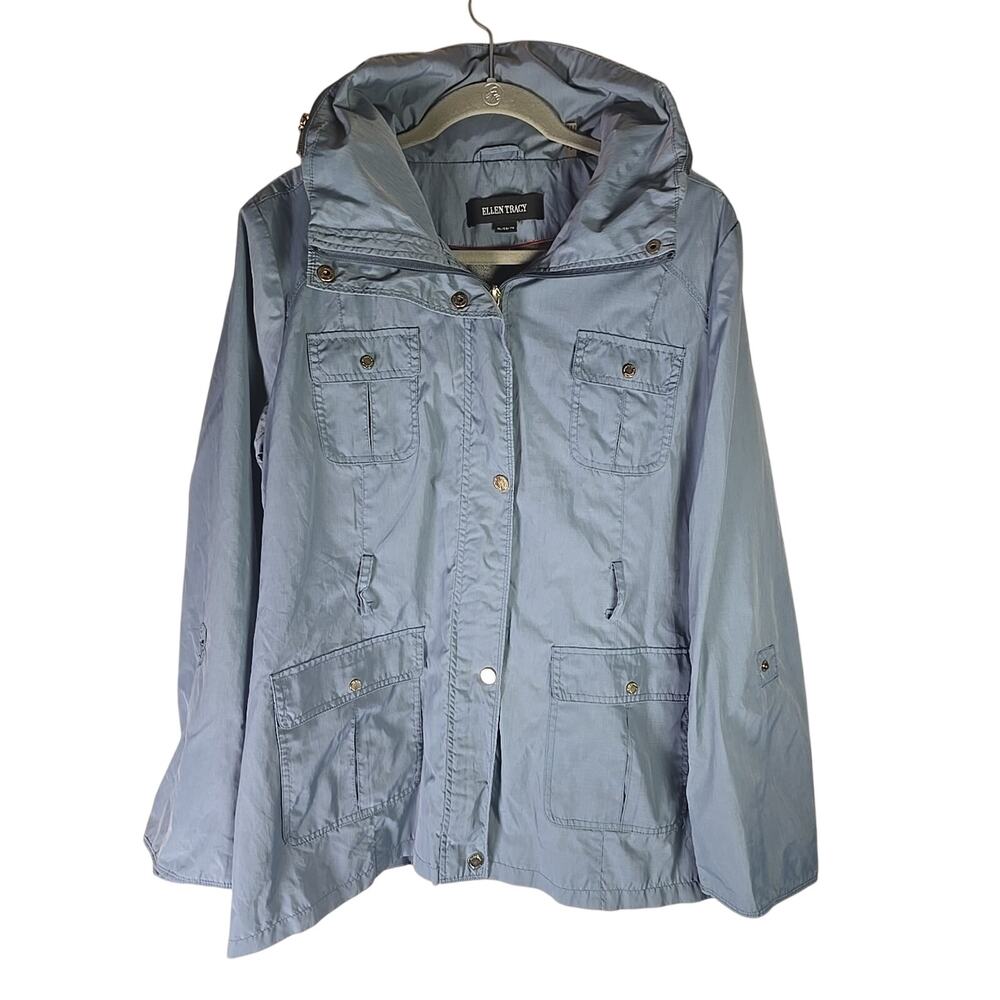 Ellen Tracy Blue Rain Jacket Trench Coat Hood Womens XL Golf Travel Hiking